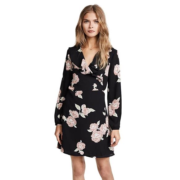 Cupcakes & Cashmere Womens Dress Zora Floral Print Ruffle Neck Wrap Black Size S - Picture 1 of 9